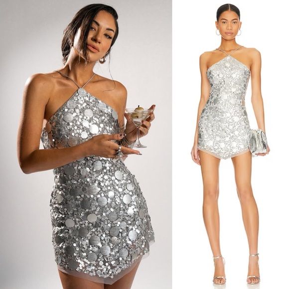 Lovers + Friends Quinn Sequin Embellished Mini Dress Silver NEW with tags